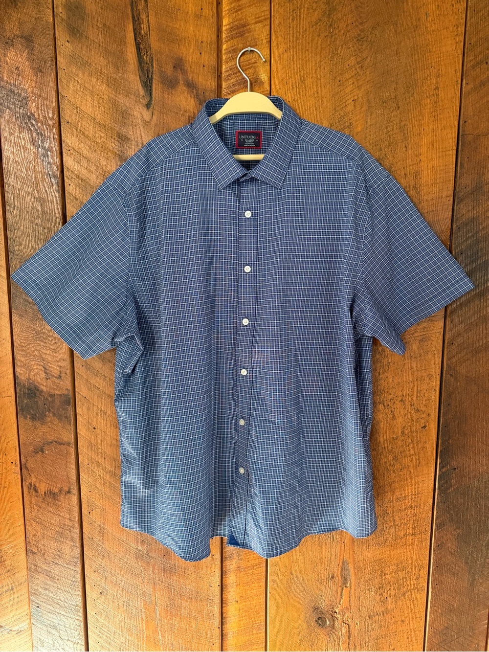UNTUCKit Short-Sleeve Button-Up Shirt in Blue Grid Size XL Vacation Resortwear